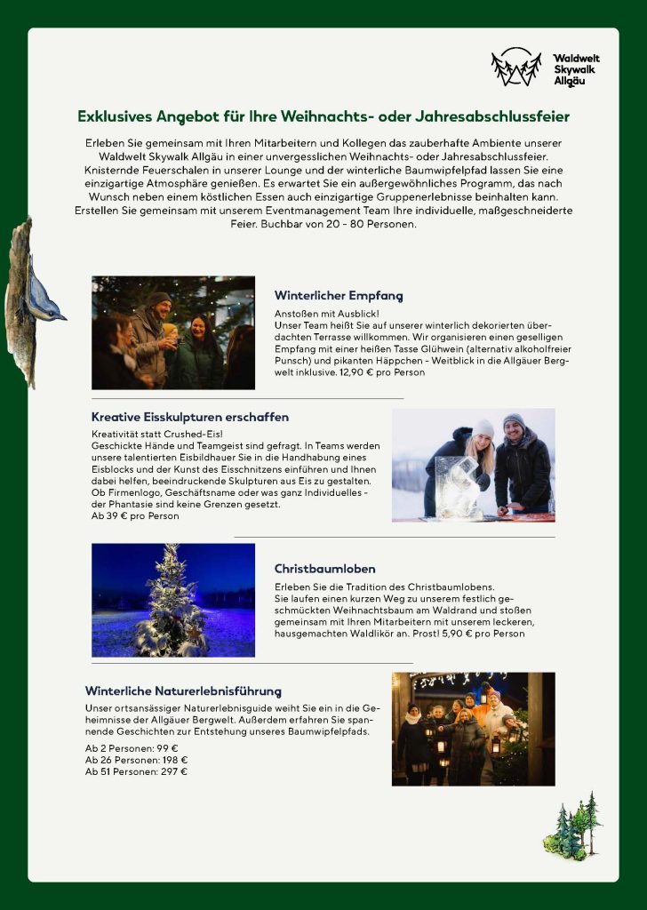 Übersicht der Angebote für die Weihnachtsfeiern in der Waldwelt Skywalk Allgäu